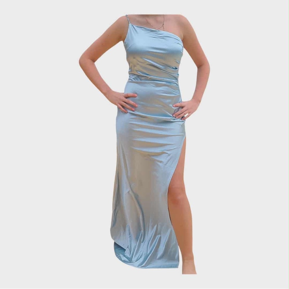 Faeriesty Light Blue One-Shoulder Satin Gown High Slit Medium